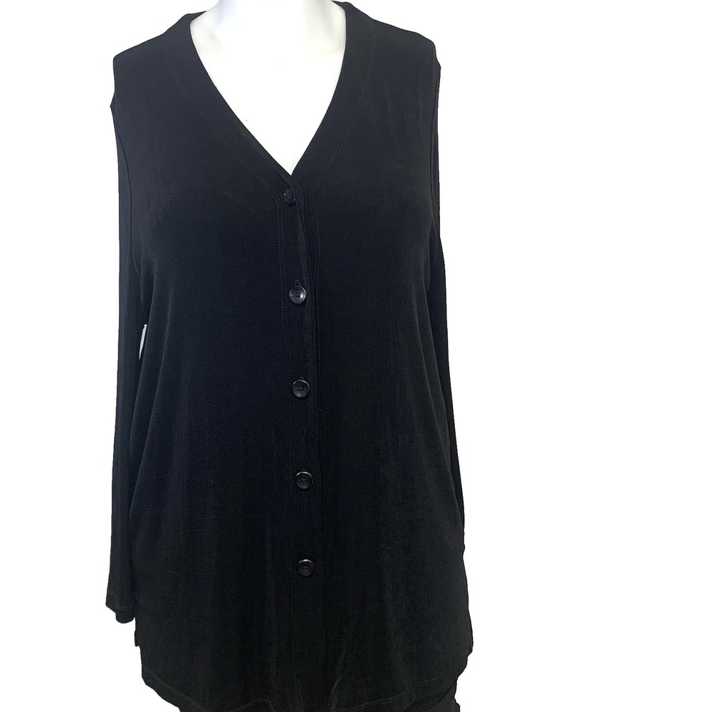 Carole Little Black Button Front V-Neck Cardigan Slinky Knit  Size 2X Made USA